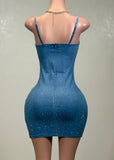 STARLIGHT DENIM RHINESTONE BODYCON MINI DRESS