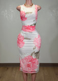 NURY IVORY/PINK FLOWER PRINT BODYCON MAXI DRESS