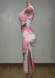 NURY IVORY/PINK FLOWER PRINT BODYCON MAXI DRESS