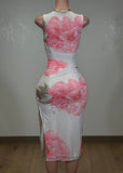 NURY IVORY/PINK FLOWER PRINT BODYCON MAXI DRESS