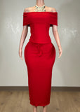 SALLY RED OFF SHOULDER NECKLINE TOP & MAXI SKIRT SET