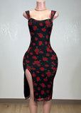 SWEET ROSE PRINT BODYCON SIDE SLIT MIDI DRESS