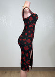 SWEET ROSE PRINT BODYCON SIDE SLIT MIDI DRESS