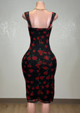 SWEET ROSE PRINT BODYCON SIDE SLIT MIDI DRESS