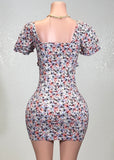 GARDENIA DITSY RUFFLED FLORAL BODYCON MINI DRESS