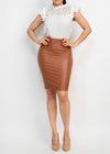 YARA BROWN STRETCHABLE FAUX LEATHER PENCIL MINI SKIRT