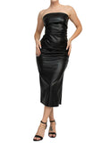 Luna Shirred Strapless Faux Leather Tube Dress Black