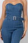 SERENITY BLUE DENIM TUBE BELTED SKINNY ZIPPERED JUMPSUIT