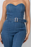 SERENITY BLUE DENIM TUBE BELTED SKINNY ZIPPERED JUMPSUIT