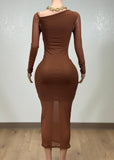 PIA MOCHA MESH RUCHED BODYCON MIDI DRESS