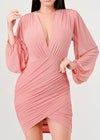 SURICH PINK TULIP WRAP DOUBLE LAYERED LONG SLEEVE MINI DRESS