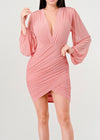 SURICH PINK TULIP WRAP DOUBLE LAYERED LONG SLEEVE MINI DRESS