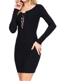 Natty Long Sleeve Front Lace Up Detail Stretchy Mini Dress Black