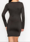 NAOMI BLACK ASYMMETRIC NECK RUCHED LONG SLEEVE SLIT BODYCON DRESS