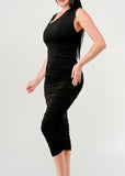 RALEIGH BLACK ASYMMETRICAL NECKLINE RUCHED BODYCON DRESS