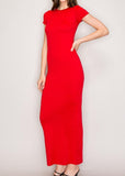 ELEANOR RED SHORT SLEEVE LIGHTWEIGHT DOUBLE LAYERED BODYCON MAXI DRESS