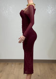 PIA BURGUNDY MESH RUCHED BODYCON MIDI DRESS