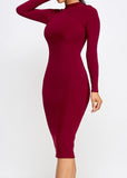 Cole High Stretchy Long Sleeve Double Layered Mock Neck Midi Dress BURGUNDY