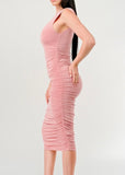 RALEIGH PINK ASYMMETRICAL NECKLINE RUCHED BODYCON DRESS