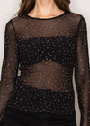 MAXIM BLACK RHINESTONE EMBELLISHED MESH LONG SLEEVE KNIT TOP