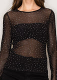 MAXIM BLACK RHINESTONE EMBELLISHED MESH LONG SLEEVE KNIT TOP