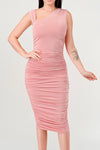 RALEIGH PINK ASYMMETRICAL NECKLINE RUCHED BODYCON DRESS
