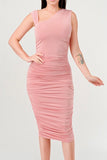 RALEIGH PINK ASYMMETRICAL NECKLINE RUCHED BODYCON DRESS