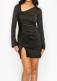 NAOMI BLACK ASYMMETRIC NECK RUCHED LONG SLEEVE SLIT BODYCON DRESS