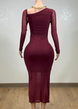 PIA BURGUNDY MESH RUCHED BODYCON MIDI DRESS