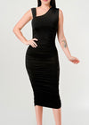 RALEIGH BLACK ASYMMETRICAL NECKLINE RUCHED BODYCON DRESS