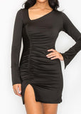 NAOMI BLACK ASYMMETRIC NECK RUCHED LONG SLEEVE SLIT BODYCON DRESS