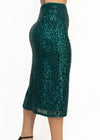 ELOISE EMERALD GREEN SEQUIN HIGH RISE SLIT MIDI SKIRT