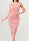 RALEIGH PINK ASYMMETRICAL NECKLINE RUCHED BODYCON DRESS