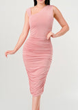 RALEIGH PINK ASYMMETRICAL NECKLINE RUCHED BODYCON DRESS