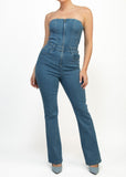 DENIM TUBE ZIP-UP POCKETED SLEEVELESS JUMPSUIT