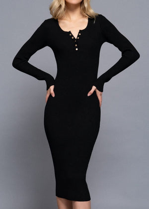 BLACK LILY LONG SLEEVE HENLEY NECK MIDI SWEATER DRESS