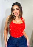 Pamela Top Red W/Pearls - Fashion Effect Store