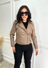 【SCULPTOR】Portrait Neck Faux Leather Jacket Taupe Portrait Neck Faux Leather Jacket Taupe – Sculptor